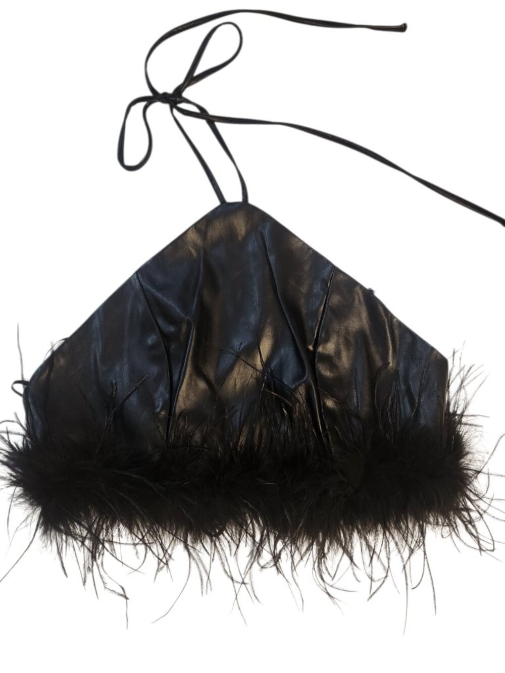Forever 21 Black Faux Leather Crop Top with Fur Halter Top Size S Strappy